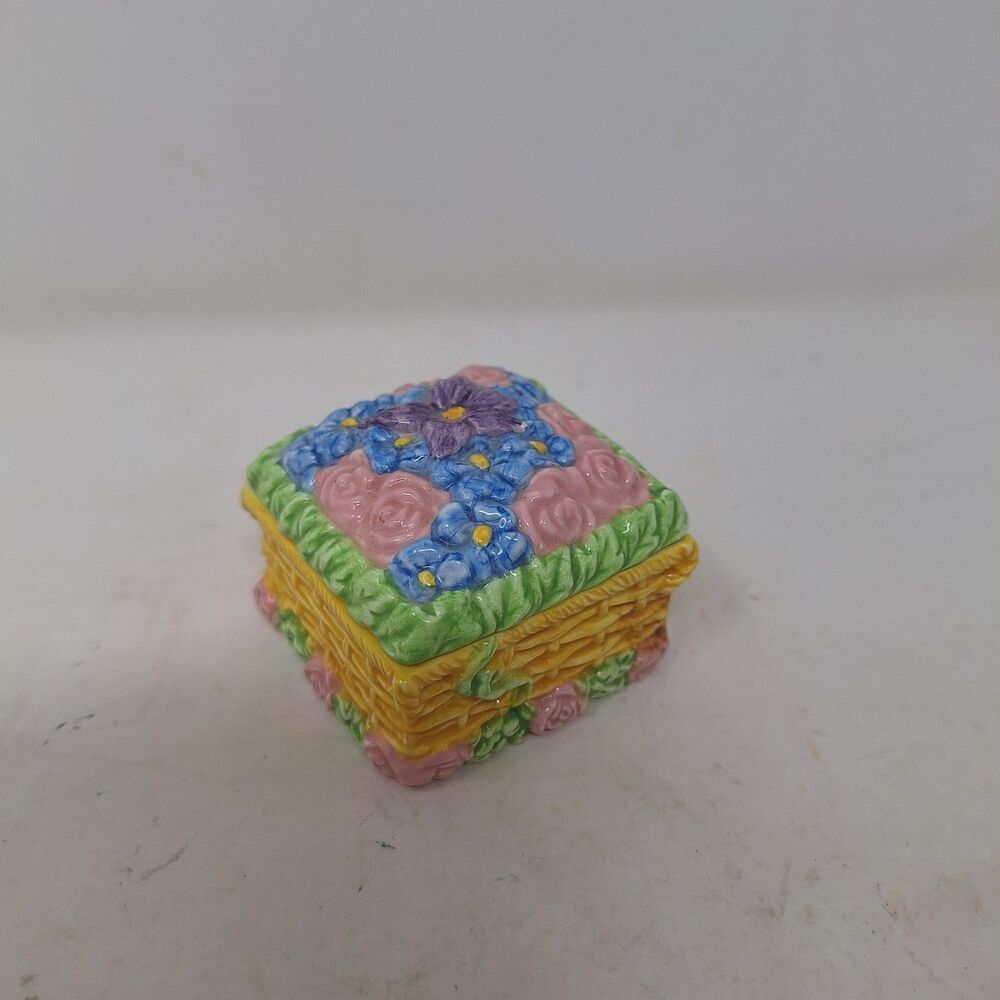 JCM Flower Basket Trinket Box Ceramic Painted Floral Storage Jewelry Spring